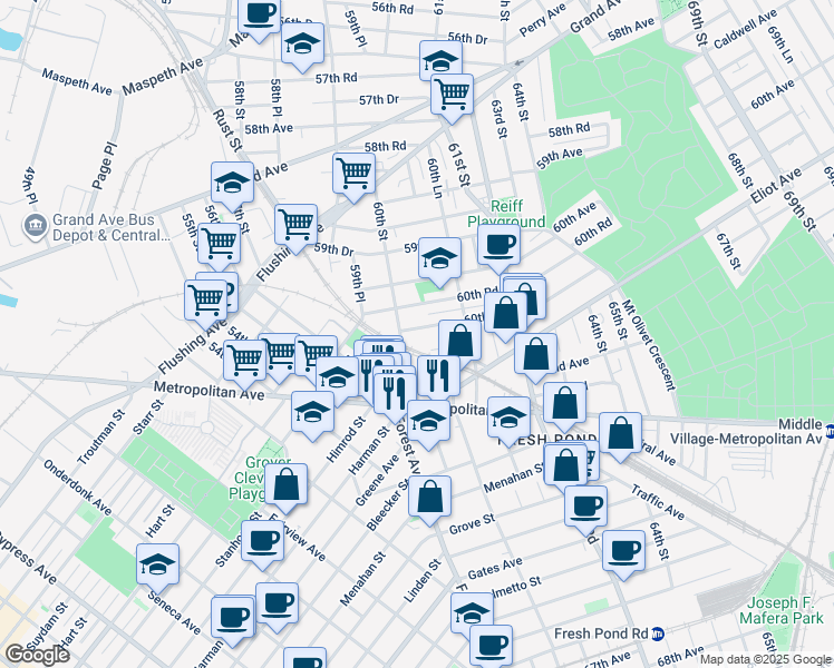 map of restaurants, bars, coffee shops, grocery stores, and more near 6020 60th Drive in Queens