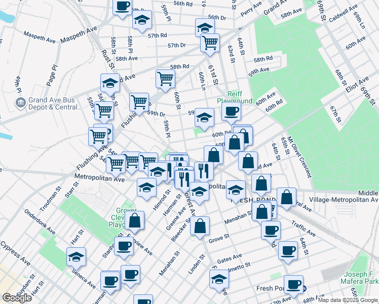 map of restaurants, bars, coffee shops, grocery stores, and more near 6020 60th Drive in Queens