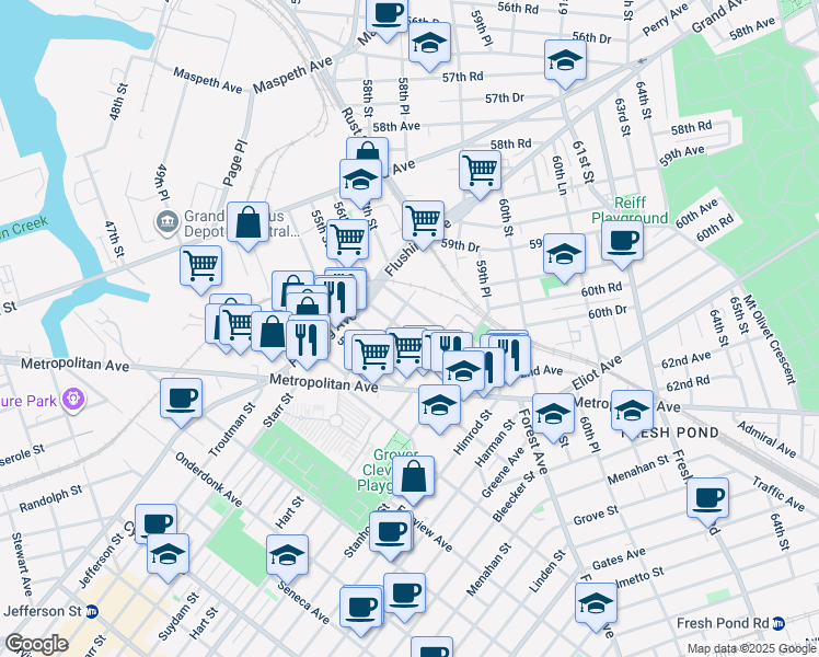 map of restaurants, bars, coffee shops, grocery stores, and more near in Queens