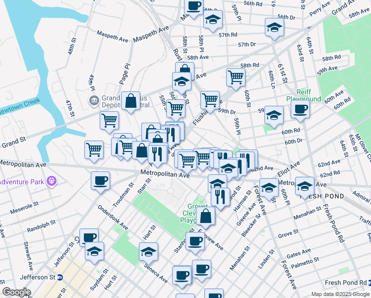 map of restaurants, bars, coffee shops, grocery stores, and more near 60-25 54th Street in Queens