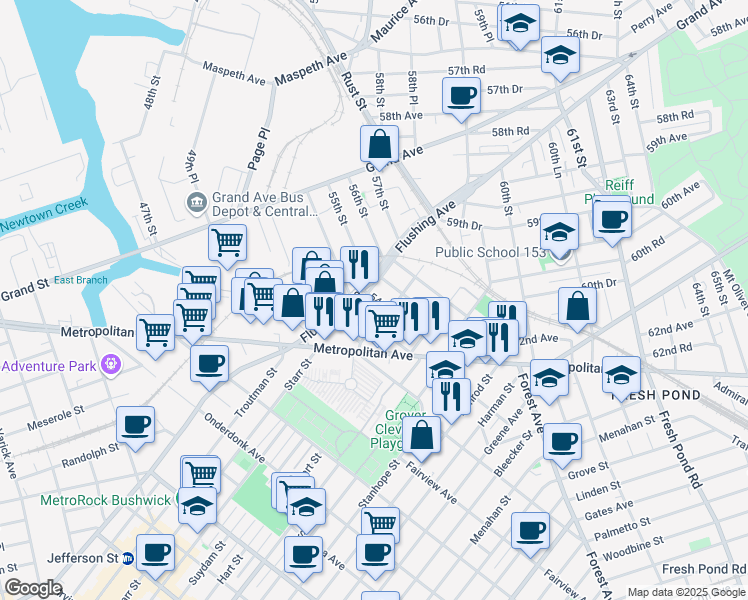 map of restaurants, bars, coffee shops, grocery stores, and more near 60-25 54th Street in Queens
