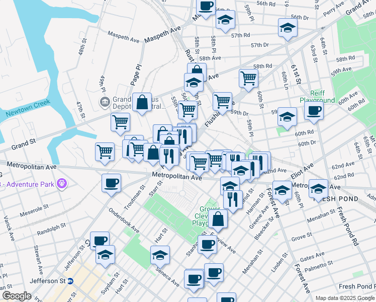 map of restaurants, bars, coffee shops, grocery stores, and more near 60-25 54th Street in Queens