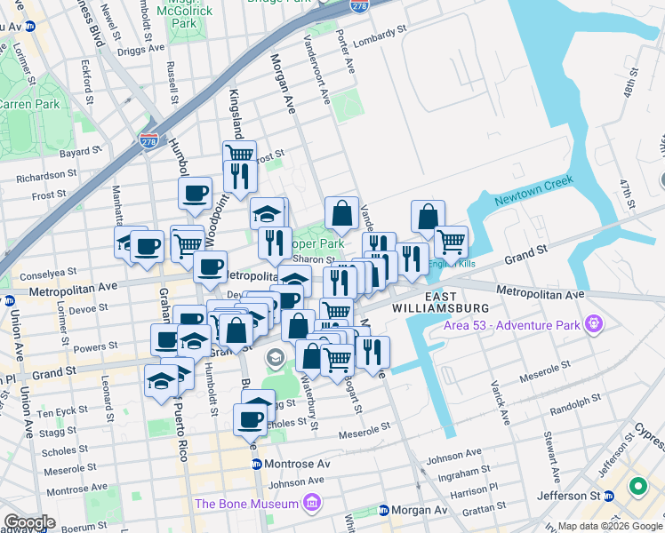 map of restaurants, bars, coffee shops, grocery stores, and more near 991 Metropolitan Avenue in Brooklyn