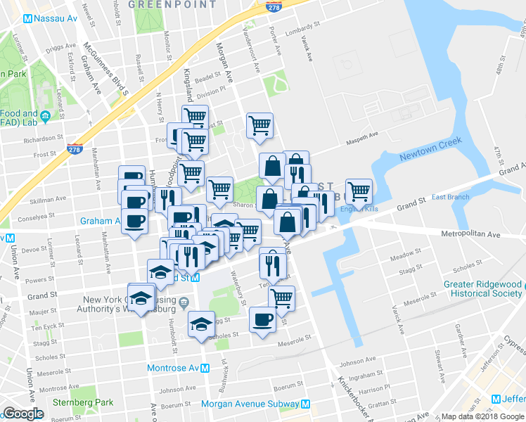 map of restaurants, bars, coffee shops, grocery stores, and more near 991 Metropolitan Avenue in Brooklyn