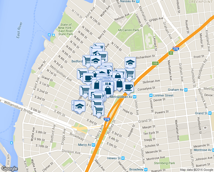 map of restaurants, bars, coffee shops, grocery stores, and more near 362 Metropolitan Avenue in Brooklyn