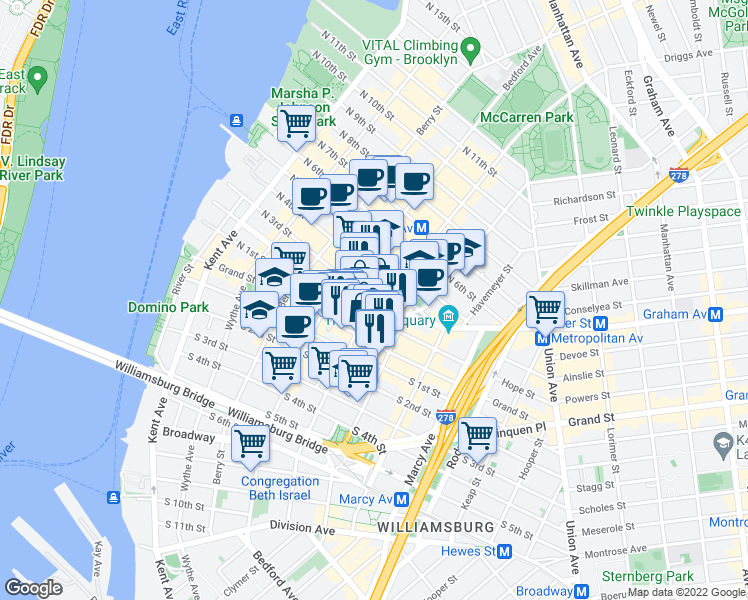 map of restaurants, bars, coffee shops, grocery stores, and more near 663A Driggs Avenue in Brooklyn