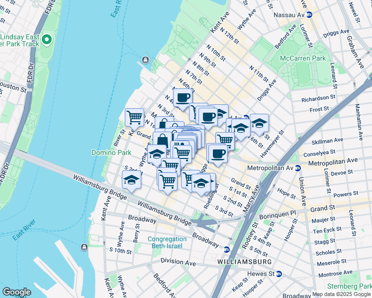map of restaurants, bars, coffee shops, grocery stores, and more near 156 Grand Street in Brooklyn