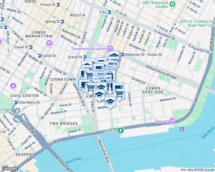 map of restaurants, bars, coffee shops, grocery stores, and more near 153 East Broadway in New York