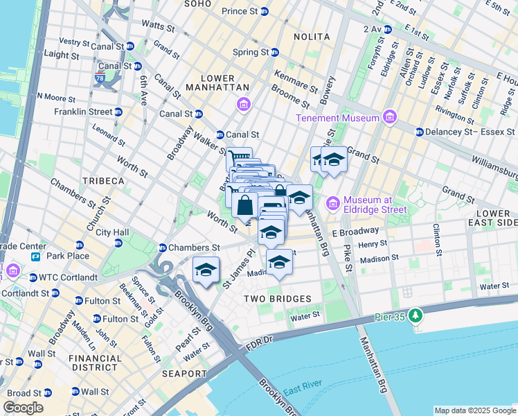 map of restaurants, bars, coffee shops, grocery stores, and more near 12 Chatham Square in New York