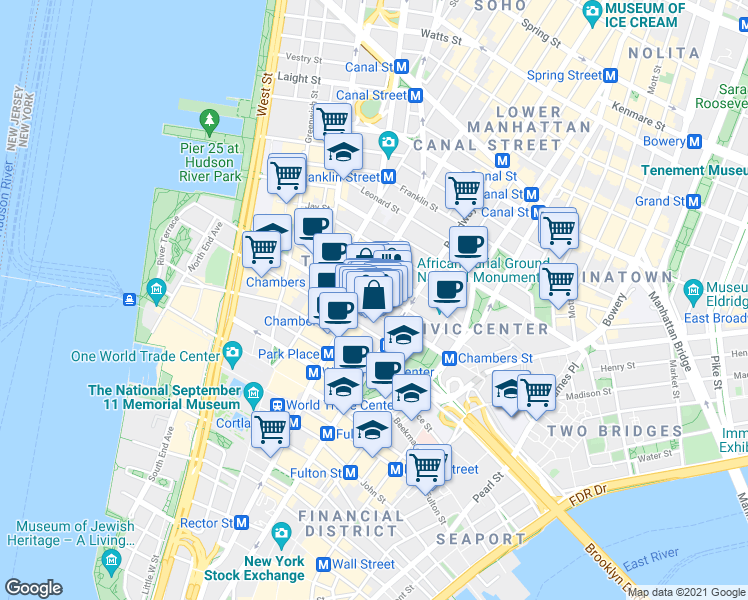 map of restaurants, bars, coffee shops, grocery stores, and more near 277 Broadway in New York