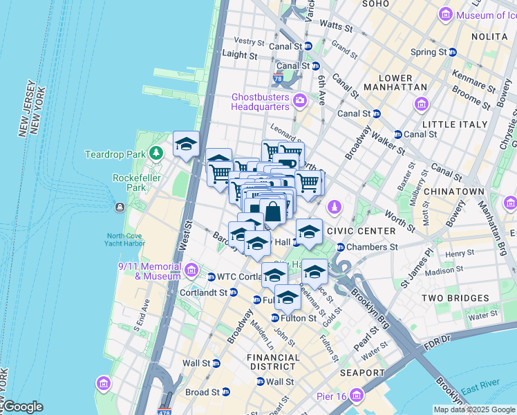 map of restaurants, bars, coffee shops, grocery stores, and more near 165 Church Street in New York