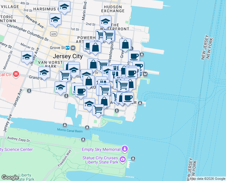 map of restaurants, bars, coffee shops, grocery stores, and more near 77 Sussex Street in Jersey City
