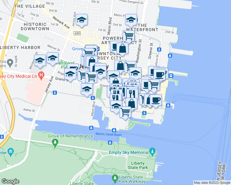 map of restaurants, bars, coffee shops, grocery stores, and more near 207 Warren Street in Jersey City