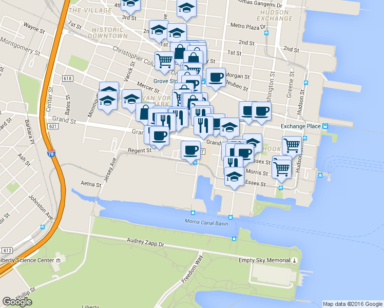 map of restaurants, bars, coffee shops, grocery stores, and more near 201 Marin Boulevard in Jersey City