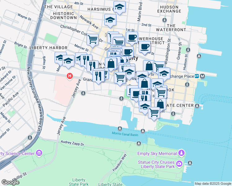 map of restaurants, bars, coffee shops, grocery stores, and more near 220 Morris Boulevard in Jersey City