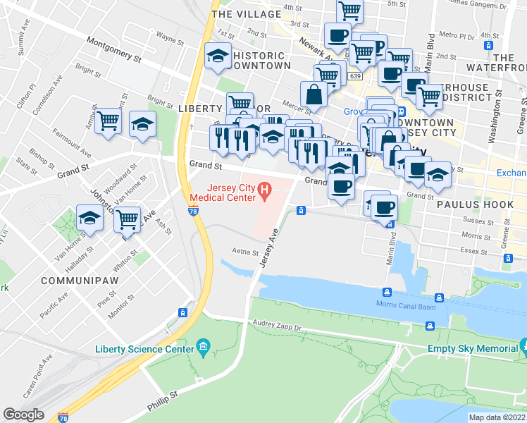 map of restaurants, bars, coffee shops, grocery stores, and more near 359 Jersey Avenue in Jersey City