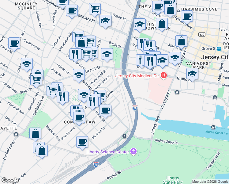 map of restaurants, bars, coffee shops, grocery stores, and more near 442 Pacific Avenue in Jersey City