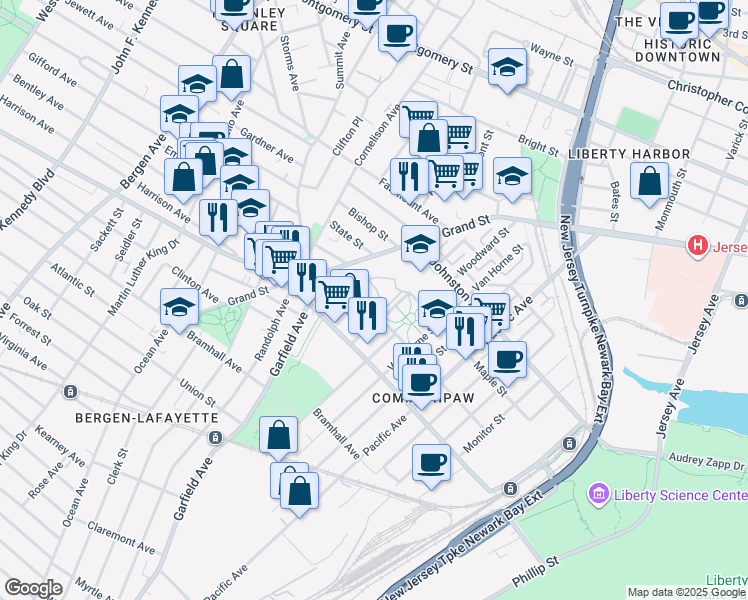 map of restaurants, bars, coffee shops, grocery stores, and more near 144 Lafayette Street in Jersey City