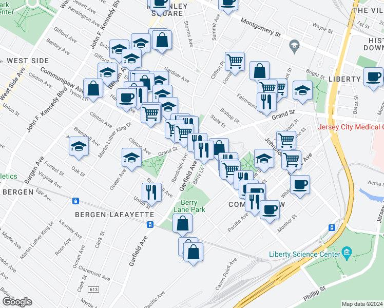 map of restaurants, bars, coffee shops, grocery stores, and more near 463 Communipaw Avenue in Jersey City