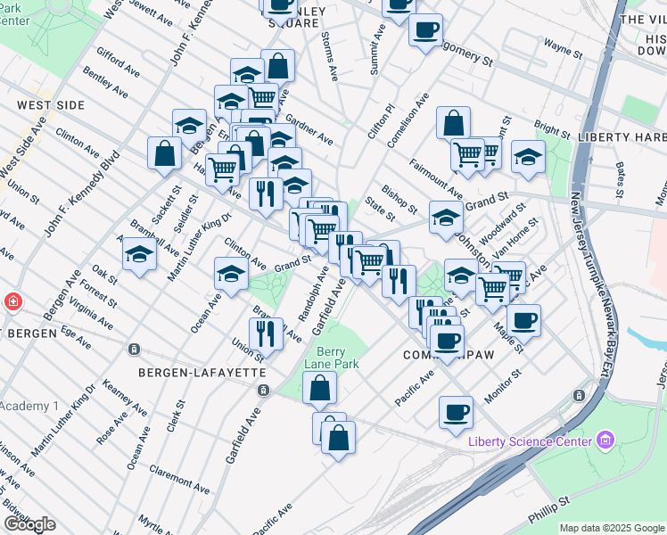 map of restaurants, bars, coffee shops, grocery stores, and more near 463 Communipaw Avenue in Jersey City
