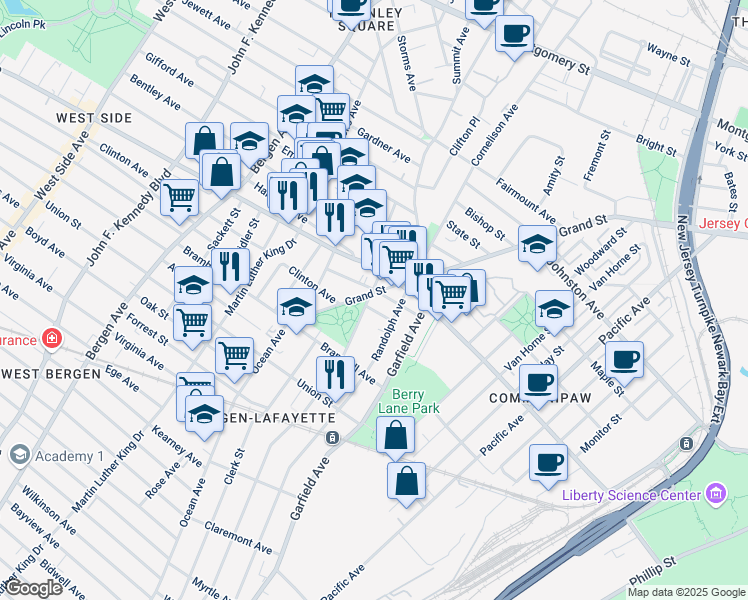 map of restaurants, bars, coffee shops, grocery stores, and more near 402 Arlington Avenue in Jersey City