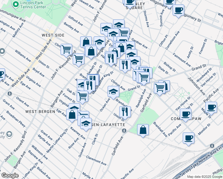map of restaurants, bars, coffee shops, grocery stores, and more near in Jersey City