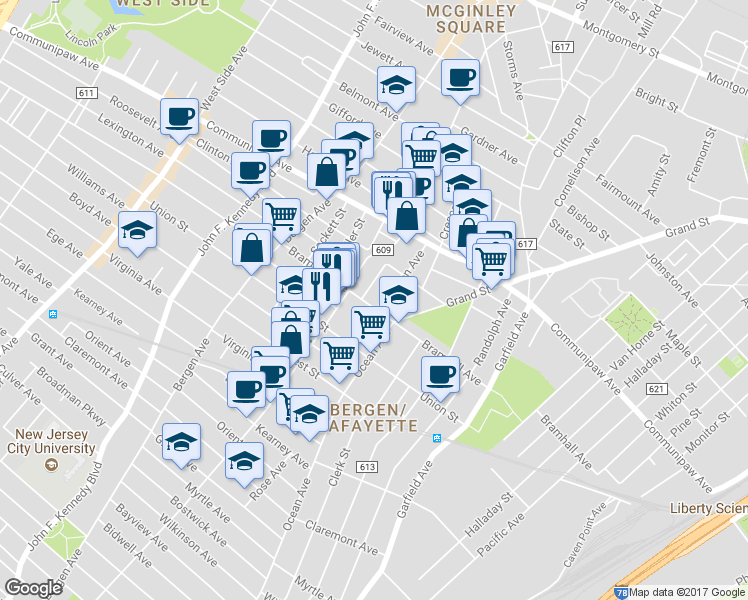 map of restaurants, bars, coffee shops, grocery stores, and more near 545 Bramhall Avenue in Jersey City