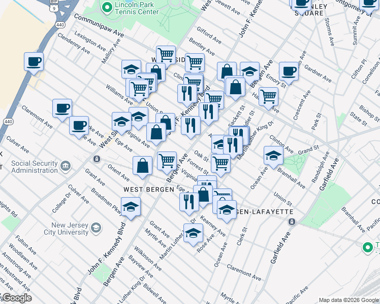 map of restaurants, bars, coffee shops, grocery stores, and more near 105 Oak Street in Jersey City