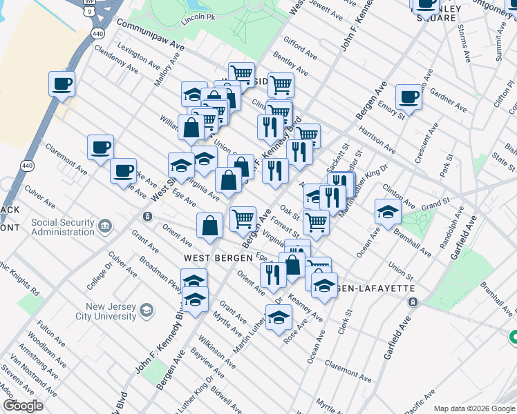 map of restaurants, bars, coffee shops, grocery stores, and more near in Jersey City