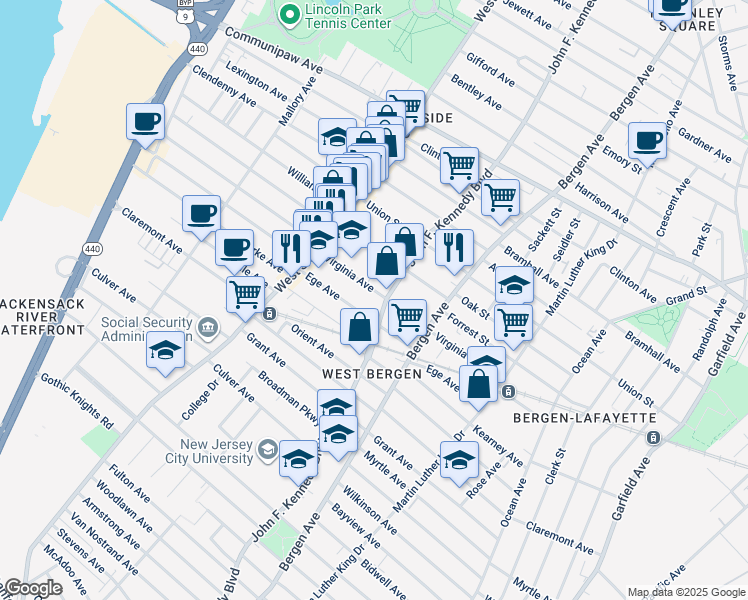 map of restaurants, bars, coffee shops, grocery stores, and more near in Jersey City