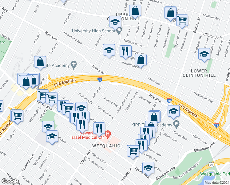 map of restaurants, bars, coffee shops, grocery stores, and more near 95 Schuyler Avenue in Newark