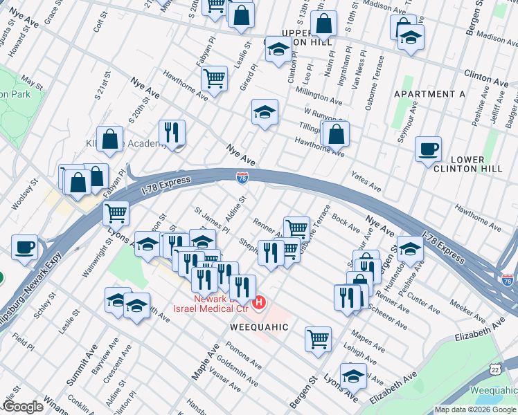 map of restaurants, bars, coffee shops, grocery stores, and more near 321-323 Renner Avenue in Newark