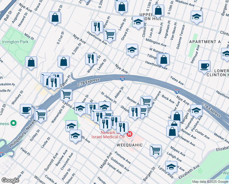 map of restaurants, bars, coffee shops, grocery stores, and more near 36 Aldine Street in Newark