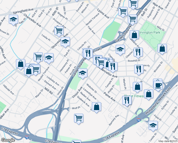 map of restaurants, bars, coffee shops, grocery stores, and more near 419 Union Avenue in Irvington