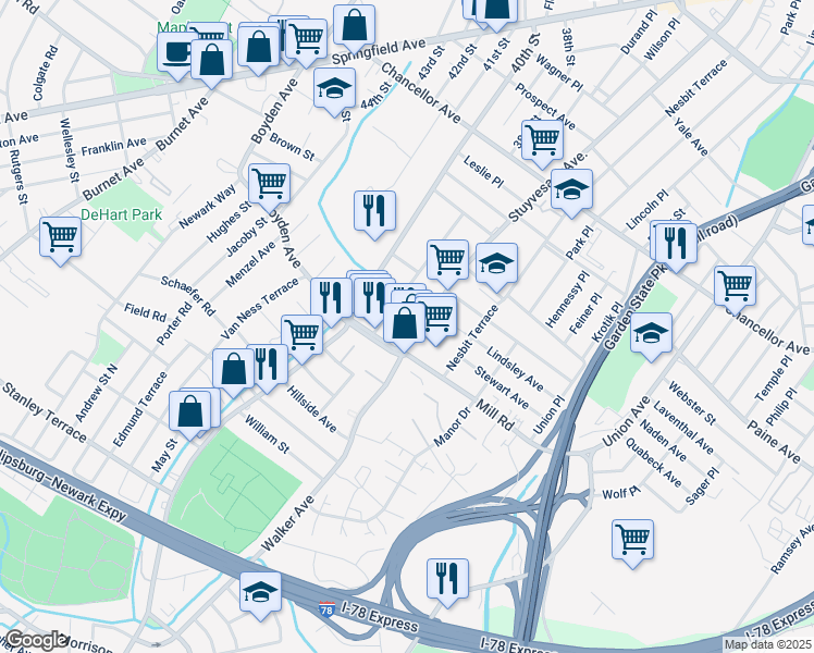 map of restaurants, bars, coffee shops, grocery stores, and more near 1060 Stuyvesant Avenue in Irvington