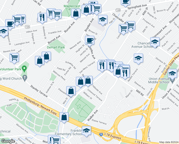 map of restaurants, bars, coffee shops, grocery stores, and more near 20 Berkley Street in Maplewood