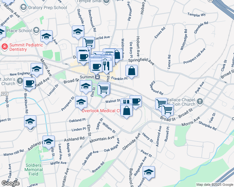 map of restaurants, bars, coffee shops, grocery stores, and more near 17 Walnut Street in Summit