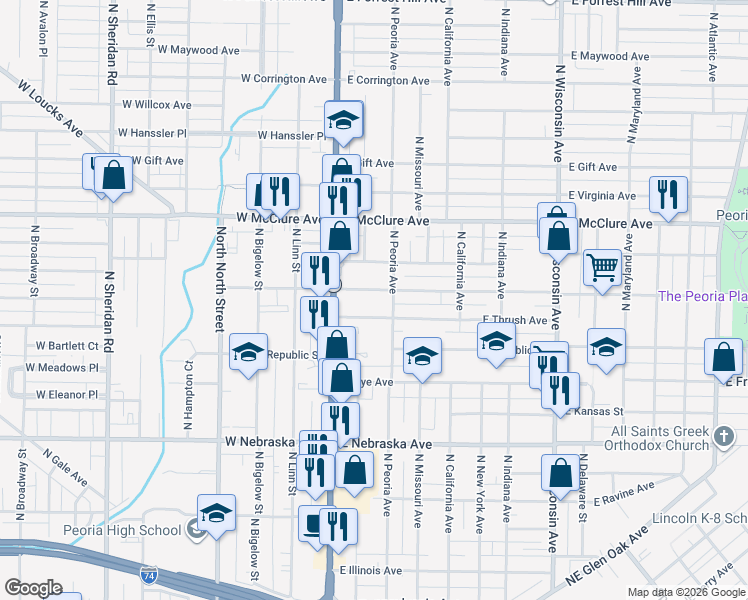 map of restaurants, bars, coffee shops, grocery stores, and more near 209 East Thrush Avenue in Peoria