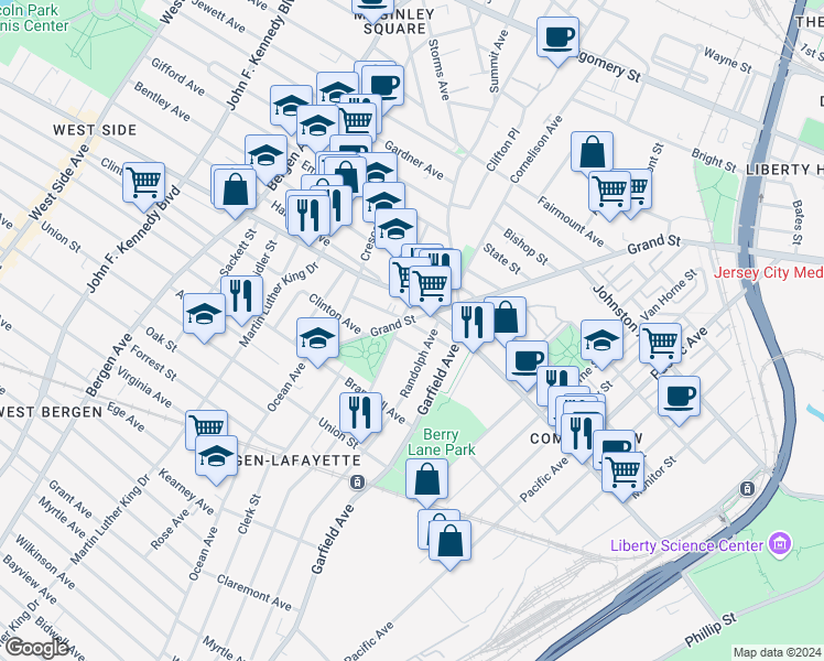 map of restaurants, bars, coffee shops, grocery stores, and more near 39 Harmon Street in Jersey City