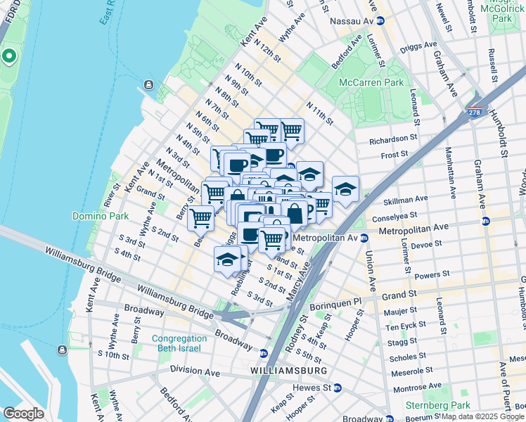 map of restaurants, bars, coffee shops, grocery stores, and more near 235-209 North 4th Street in Brooklyn