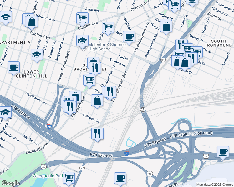map of restaurants, bars, coffee shops, grocery stores, and more near 205 Frelinghuysen Avenue in Newark