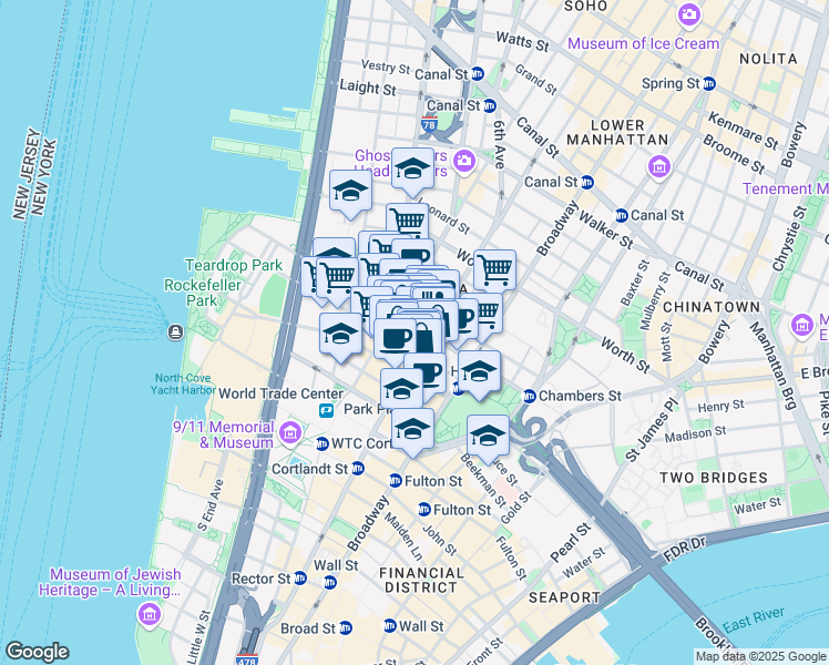map of restaurants, bars, coffee shops, grocery stores, and more near 128 Church Street in New York