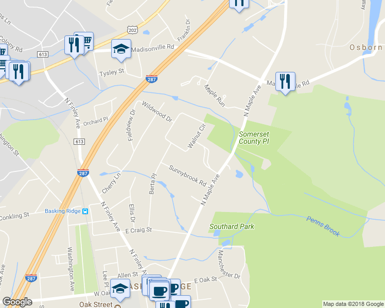 map of restaurants, bars, coffee shops, grocery stores, and more near 64 Walnut Circle in Basking Ridge