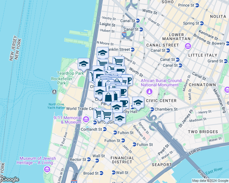 map of restaurants, bars, coffee shops, grocery stores, and more near 60 Warren Street in New York