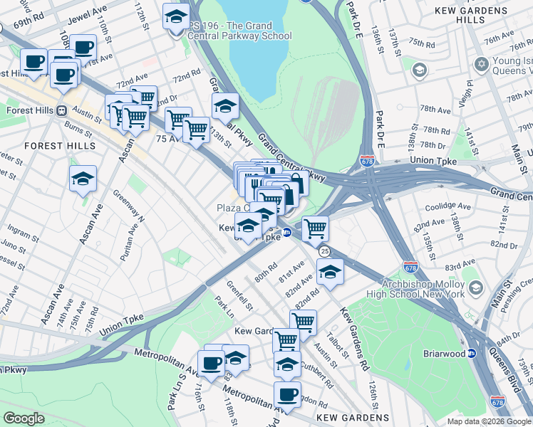 map of restaurants, bars, coffee shops, grocery stores, and more near New York 25 Service & 78th Ave in Queens