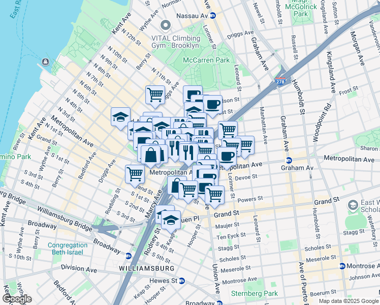 map of restaurants, bars, coffee shops, grocery stores, and more near 498 Metropolitan Avenue in Brooklyn