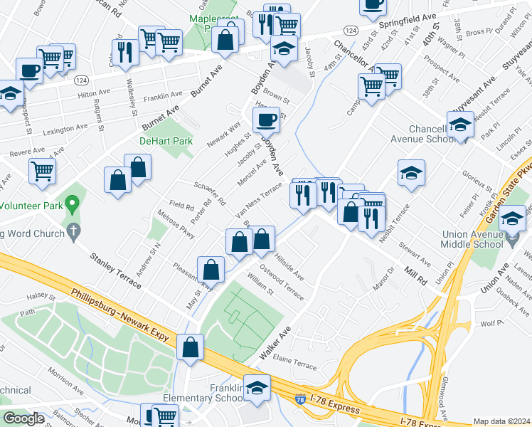 map of restaurants, bars, coffee shops, grocery stores, and more near 20 Berkley Street in Maplewood