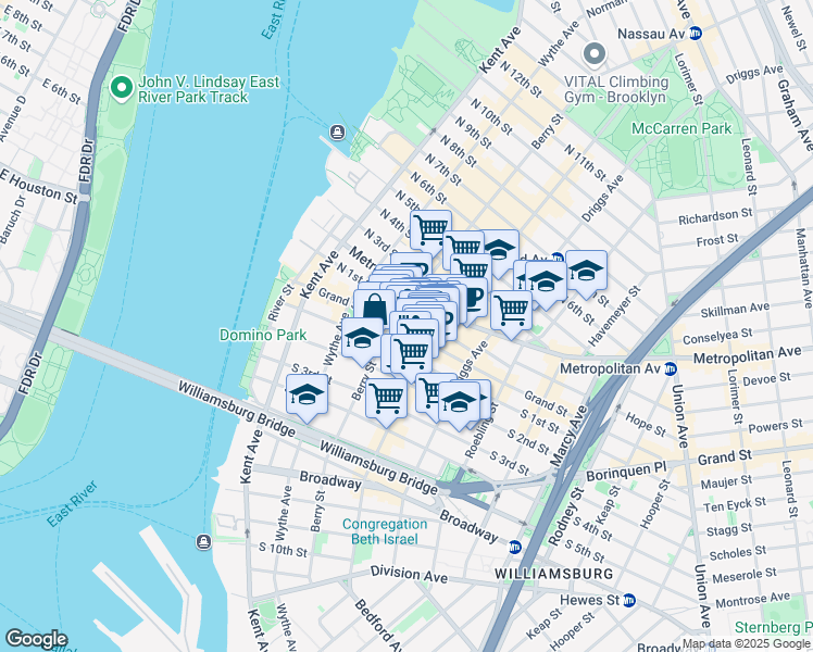map of restaurants, bars, coffee shops, grocery stores, and more near 156 Grand Street in Brooklyn