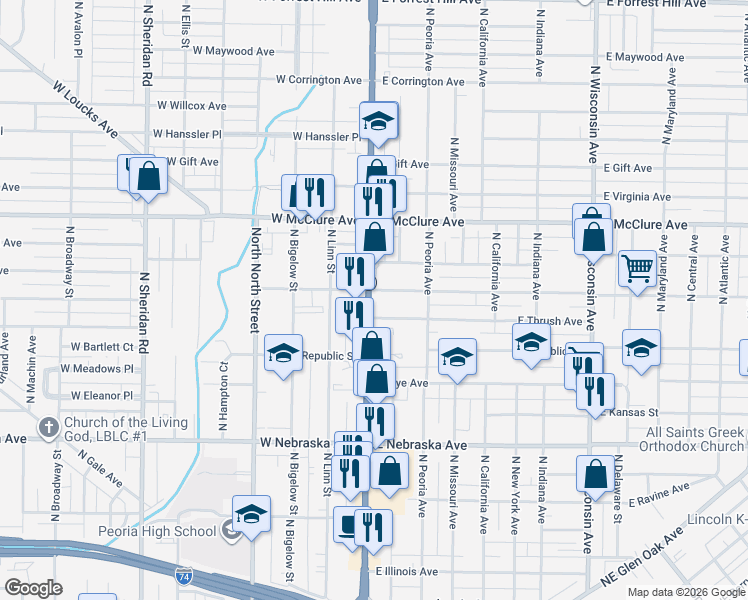map of restaurants, bars, coffee shops, grocery stores, and more near in Peoria