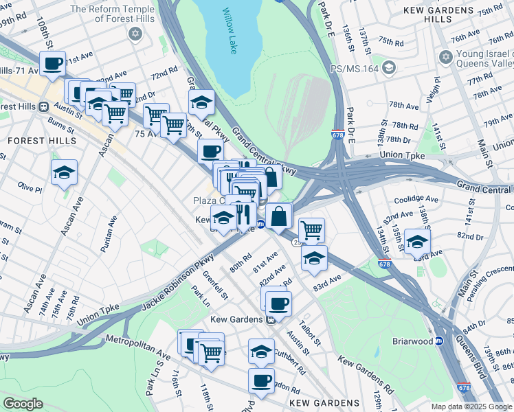 map of restaurants, bars, coffee shops, grocery stores, and more near 6459 Queens Boulevard in Queens